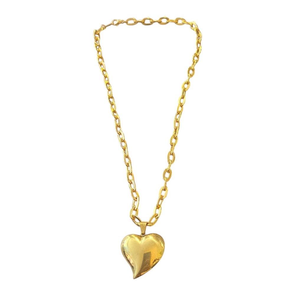 Vintage Gold Plated Brass Puffy Heart Necklace w a Thick GP link Chain, 20” Long